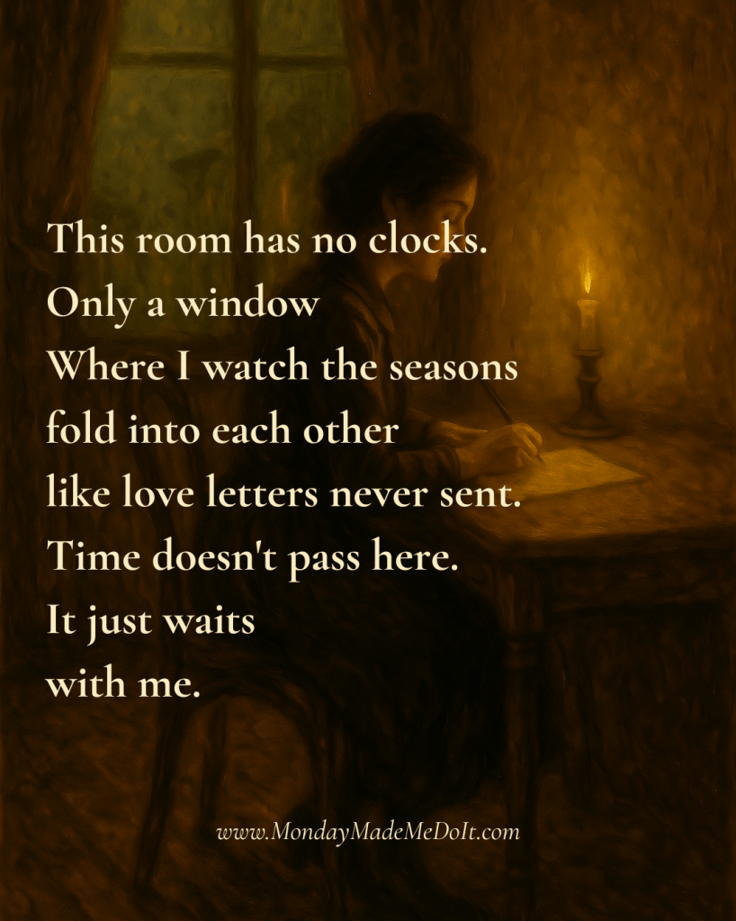 Poem against a background of a moody, vintage oil painting of a woman sitting by a window and writing in her journal by candlelight.